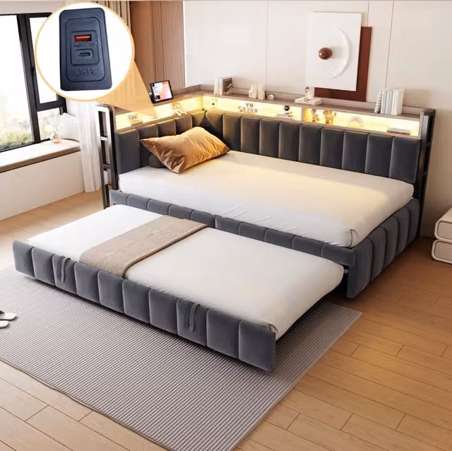 Divano letto imbottito 90x200 cm con letto estraibile, illuminazione LED e prese USB/Tipo-C in velluto grigio scuro