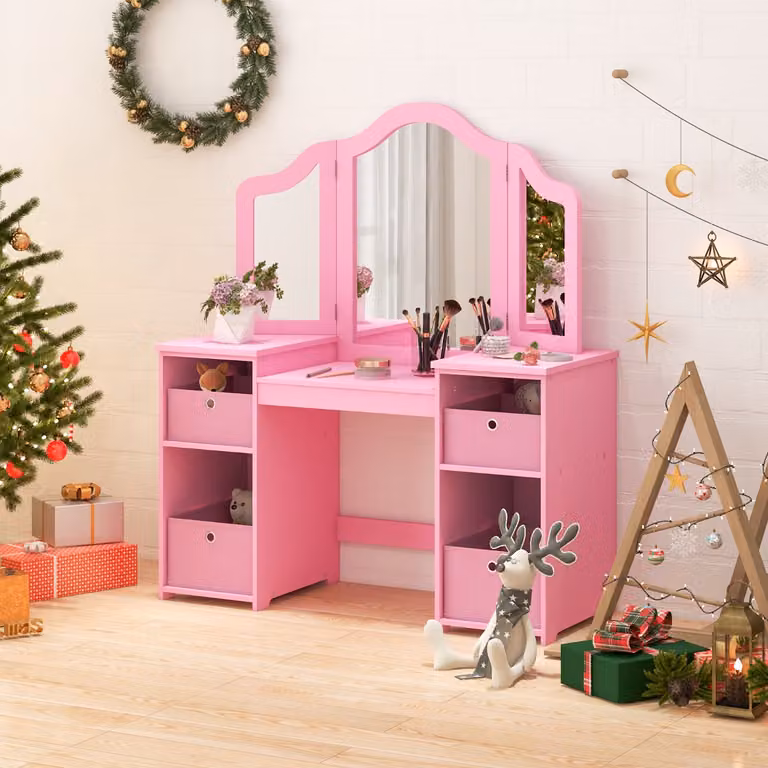 Set toeletta per bambini Costway con specchio a 3 ante rimovibile e 4 cassetti in tessuto, mobile da trucco rosa