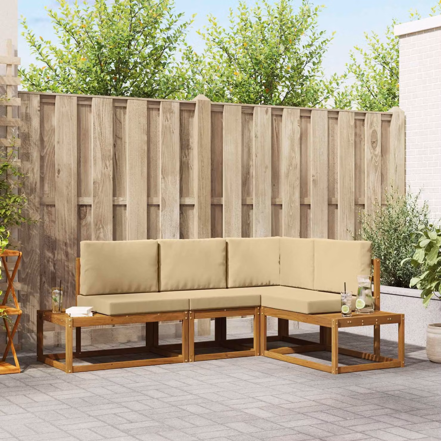 Set di 4 divani da esterno vidaXL a forma di L in legno di acacia con cuscini beige e marrone