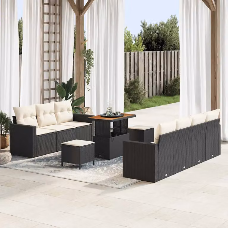 Set Divano da Giardino Moderno vidaXL 10 Pezzi Nero con Cuscini e Tavolino in Metallo e Legno di Acacia