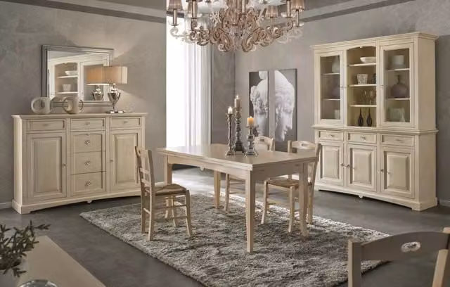 Set da pranzo shabby chic Mobili 2G in legno di pino bianco con tavolo rettangolare estensibile e 6 sedie