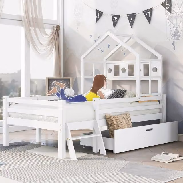Letto a Soppalco Bambini in Legno Massello con Scala e Cassetti ¨C Xylo ¨C Bianco 90x200