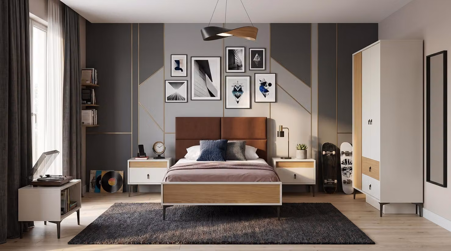 Camera da letto moderna, in stile minimalista, con letto singolo bianco, armadio, comodini e accessori per la camera da letto