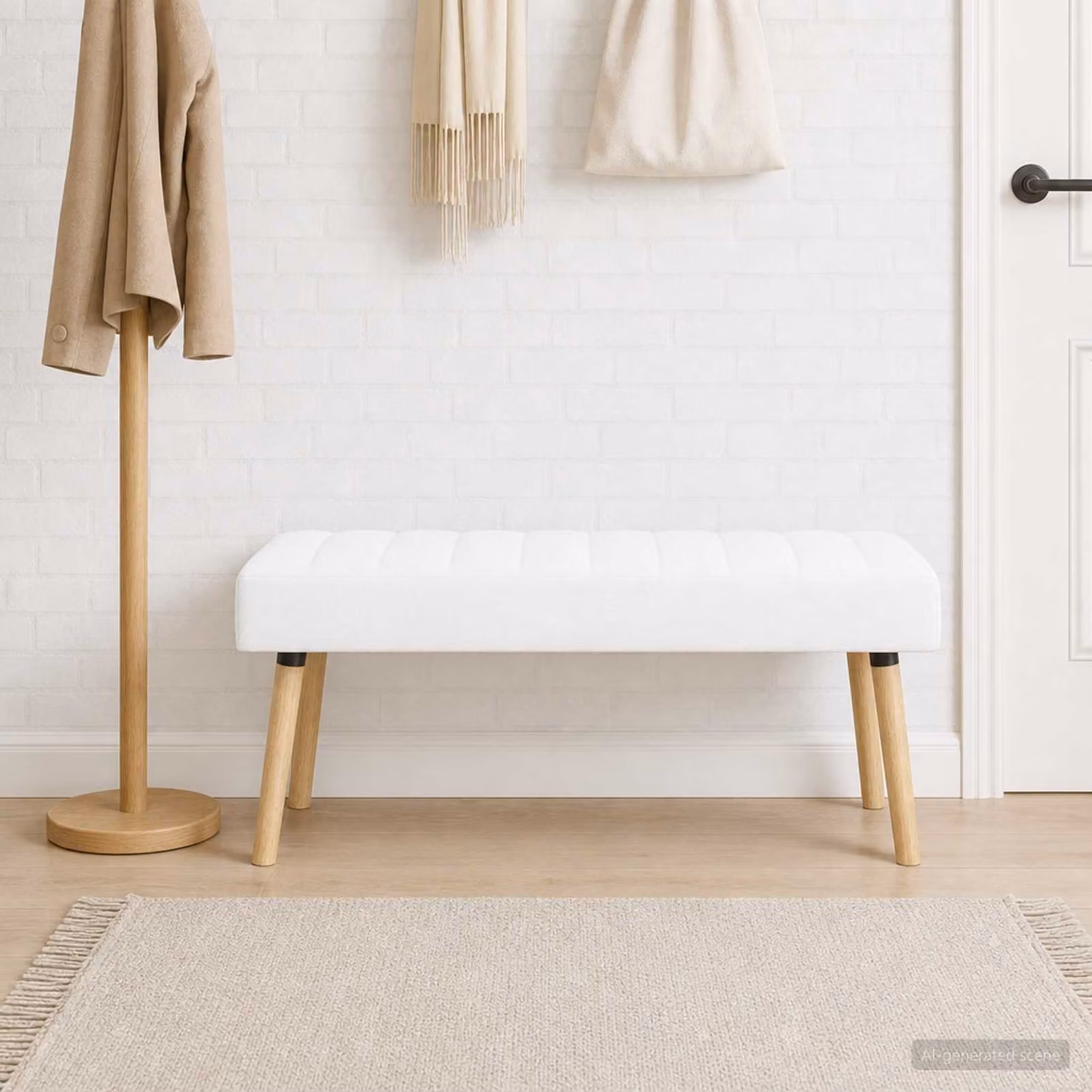 Panchina trapuntata a canale vidaXL in tessuto bianco con struttura in legno di gomma L/P/H: 110 x 40 x 46 cm