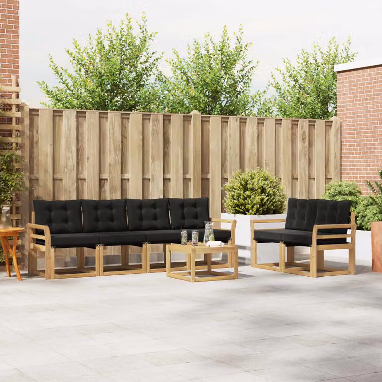 Set di divani da esterno vidaXL 7 pezzi in legno di acacia con tavolino e cuscini Bianco e Nero
