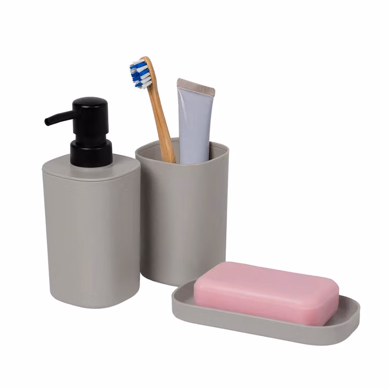 Set bagno VESTIAMO CASA in polipropilene grigio composto da 3 pezzi con dispenser di sapone, portaspazzolini e portasapone