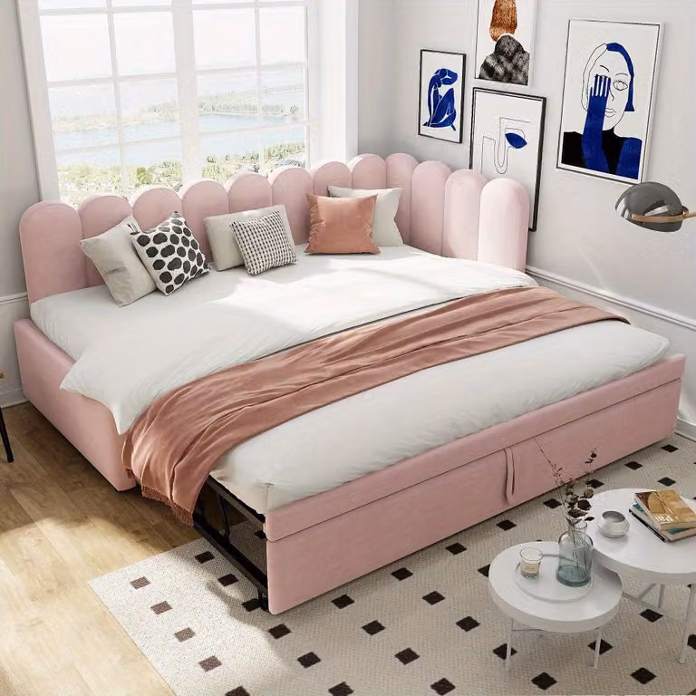 Divano letto - Letto a scomparsa - Letto per ospiti - Divano - Letto - Divano letto a forma di L, in velluto rosa