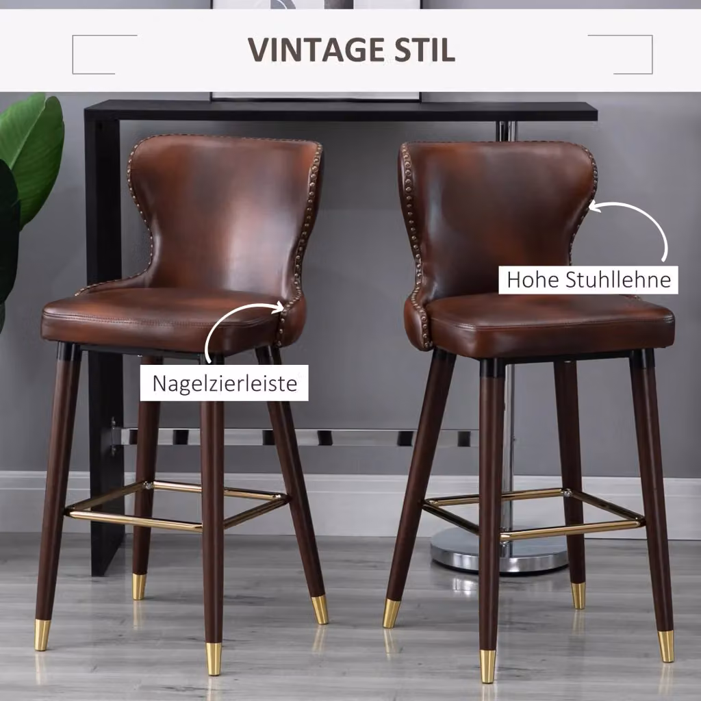 Set da 2 sgabelli alti REDOM in stile vintage in legno e metallo marrone e oro L/P/H: 52 x 52 x 101 cm – 2