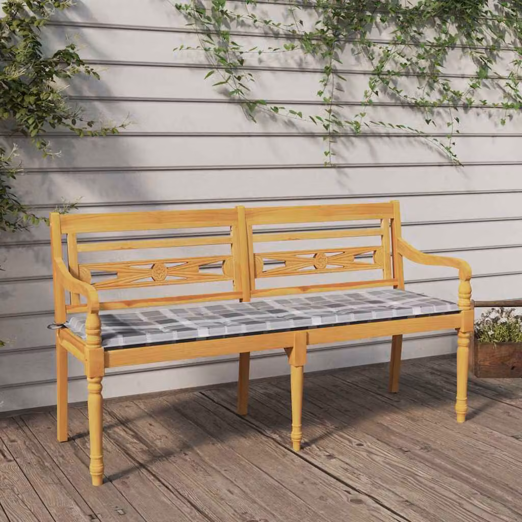 Panchina da giardino Batavia vidaXL in legno di teak massello con cuscini a motivo checked grigio e marrone L: 150 cm
