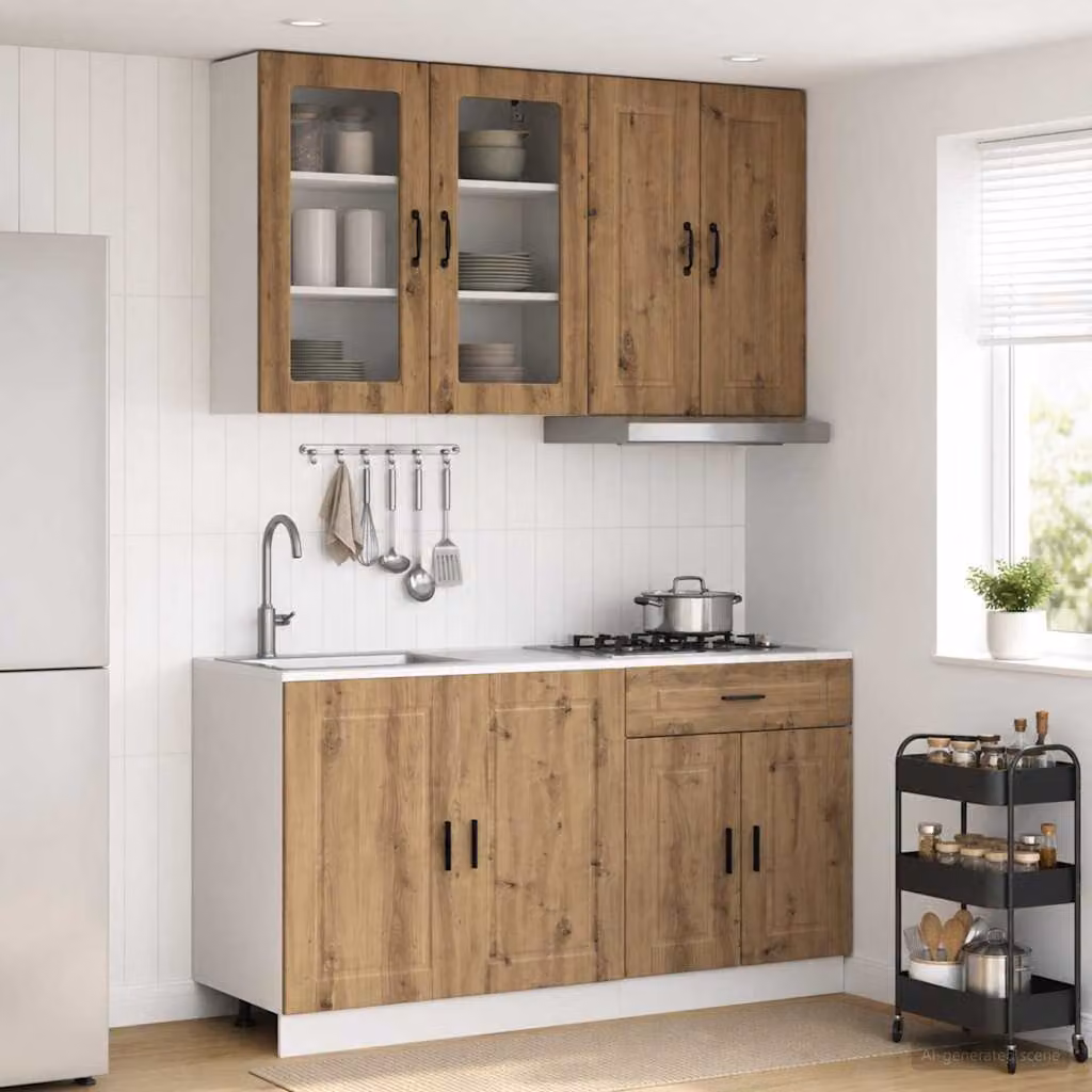 Set di mobili da cucina vidaXL PORTO in legno marrone con ante in vetro e ripiani interni, 4 pezzi
