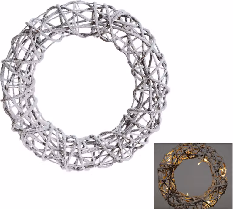 Ghirlanda in rattan con decorazione di neve - Ø 40 cm circa - illuminata a 20 LED con timer