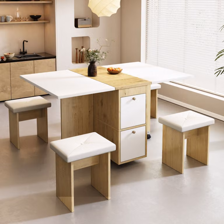 Set da pranzo Flieks 5 pezzi, tavolo da pranzo allungabile con 4 sgabelli, set di tavoli da cucina pieghevoli, gruppo di sedute per 4 persone, tavolo da pranzo con spazio di archiviazione, finitura naturale