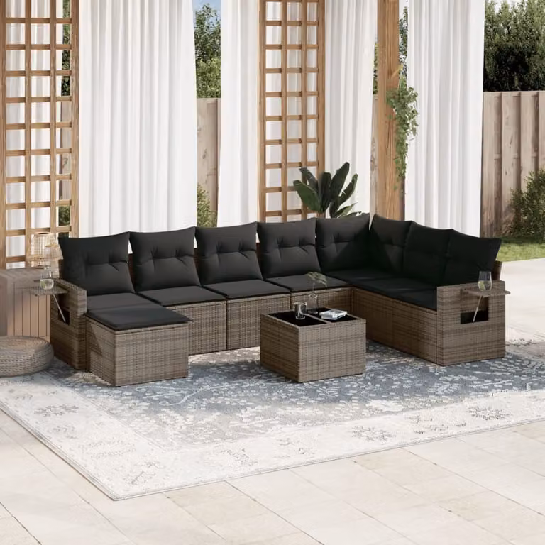 Set Divano da Giardino vidaXL 9 pz in Polyrattan Grigio con Cuscini e Tavolino