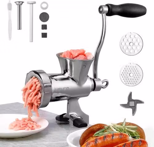 VEVOR Tritacarne Manuale con Manovella in Acciaio Inox Argento con Morsetto da Tavolo e Insaccatrice per Salsicce