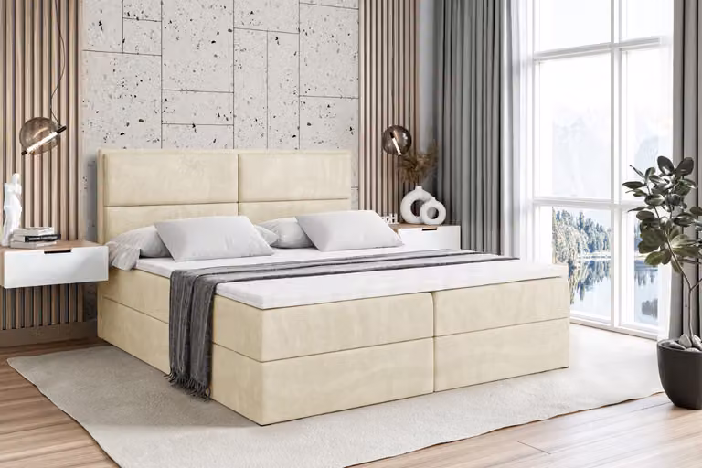Letto boxspring ALTDECOR con materasso H4 e topper - 160 x 200 cm - AURA - Velluto beige - Letto imbottito con contenitore e rete a doghe, letto con spazio contenitivo