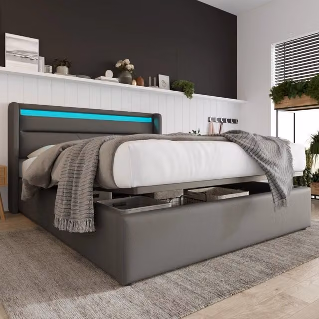 Letto contenitore 160x200 cm in PU grigio con LED e vano portaoggetti,