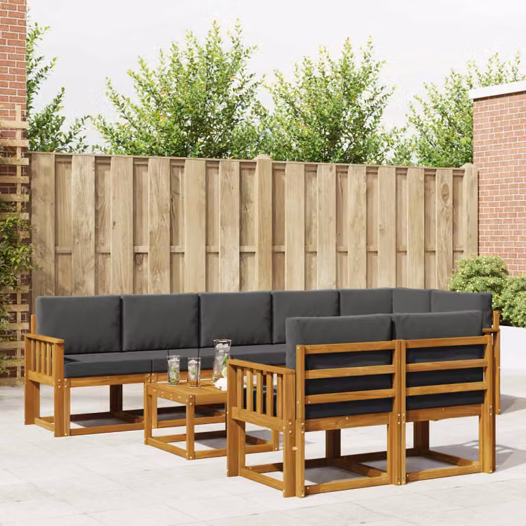 vidaXL Set di divani da esterno a L in legno di acacia con cuscini, 9 pezzi, Beige e Antracite