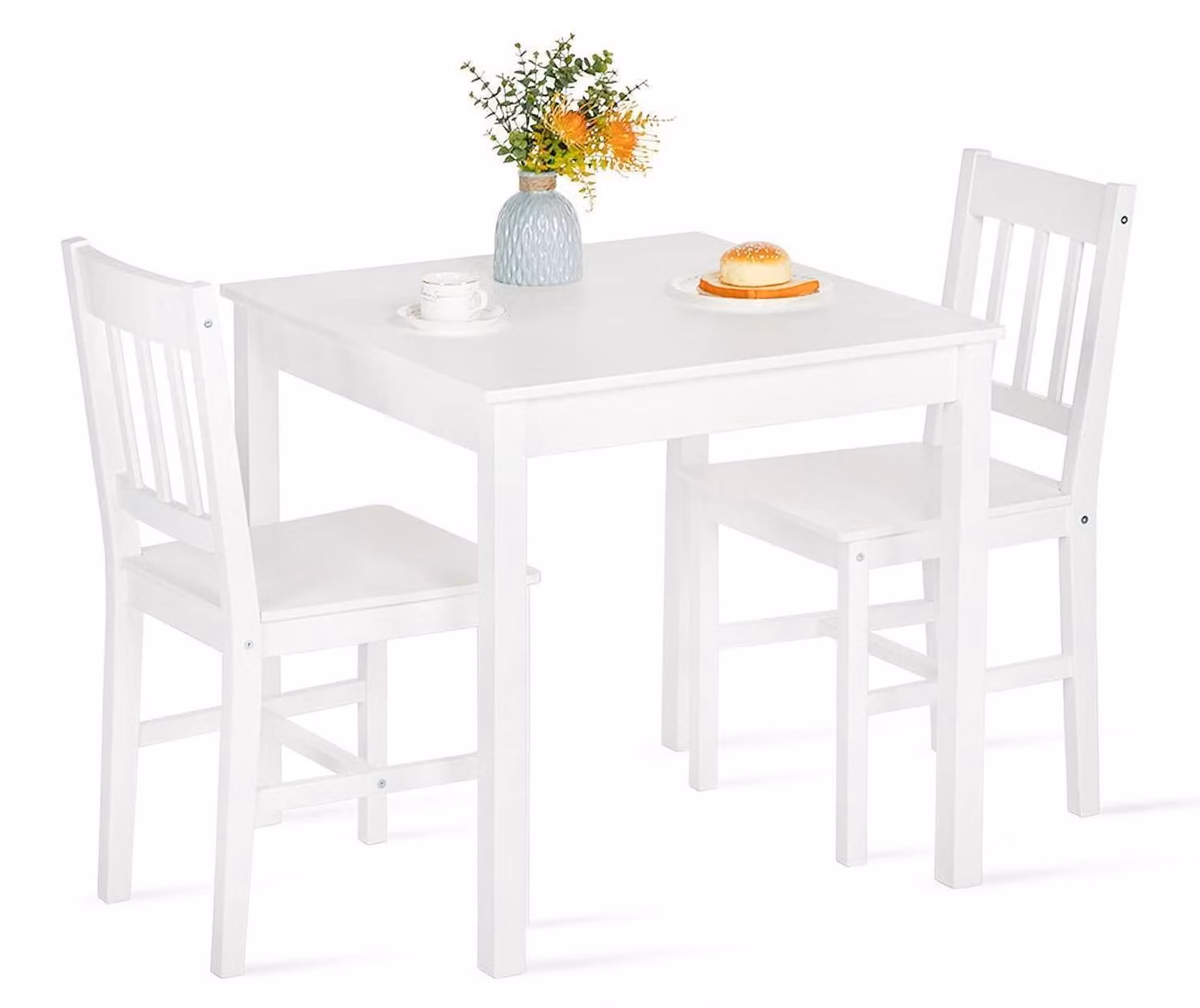 Tavolo da pranzo con 2 sedie, set da 3 pezzi, colore bianco, legno di pino, dimensioni 75x75x73 cm