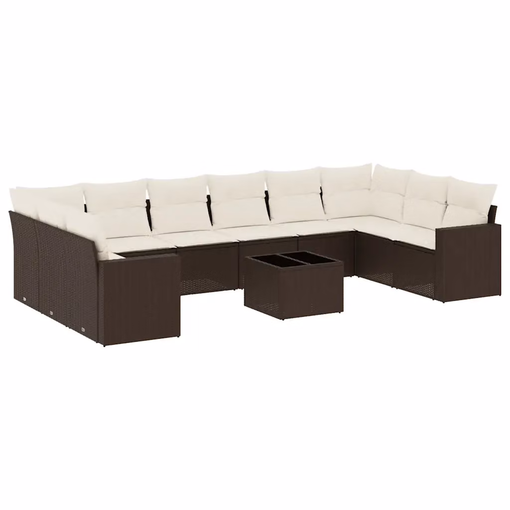 vidaXL Set Divani da Giardino 11 pz in Polyrattan Marrone con Cuscini Bianchi e Tavolino da Esterno – 2