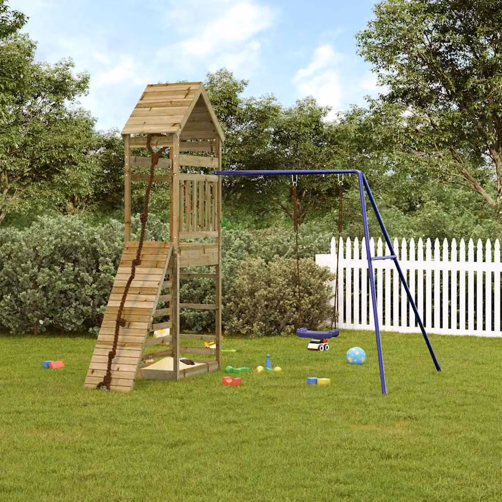 vidaXL Set da Gioco da Esterno con Torre di Gioco, Altalena e Sabbiera in Legno e Plastica, Blu e Marrone, L: 264 cm, P: 245 cm, H: 257 cm