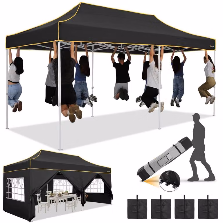 Gazebo da esterno 3x6 metri, impermeabile, con protezione UV 50+, completo di 6 pannelli laterali, colore nero