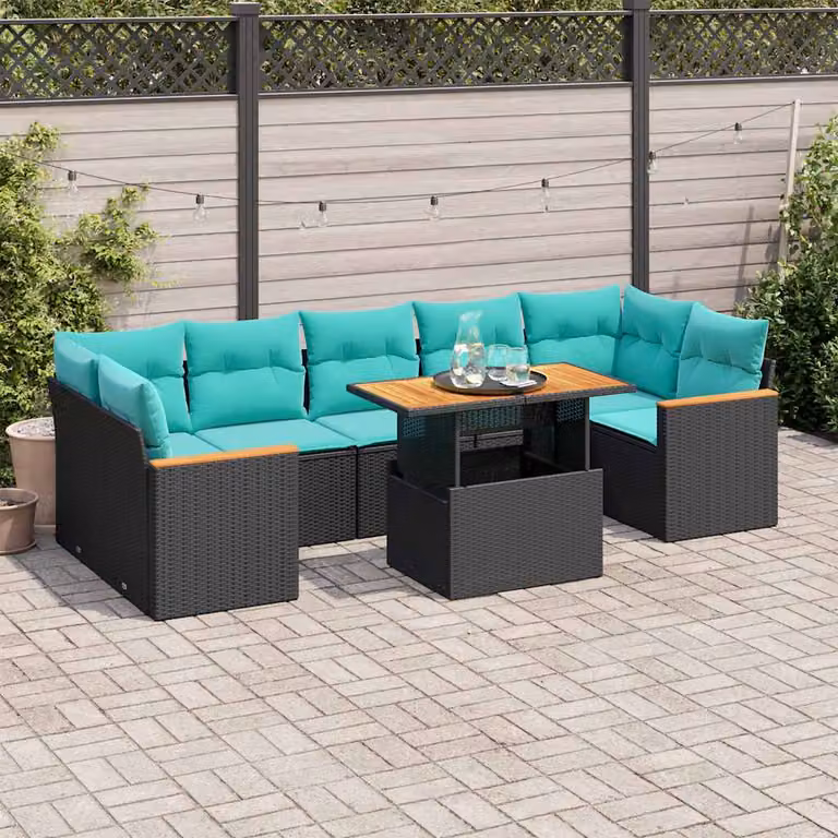 Set Divano da Giardino a L vidaXL in Polyrattan con Cuscini e Tavolino, 8 Pezzi, Colore Nero e Blu