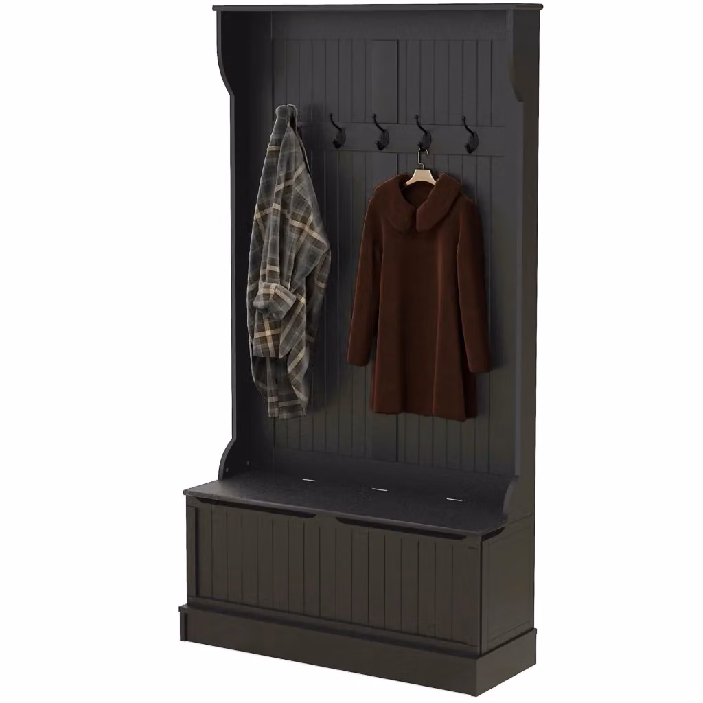 Scarpiera con banco e 5 ganci Minimal nera moderna L/P/H: 96 x 34 x 180 cm – 2