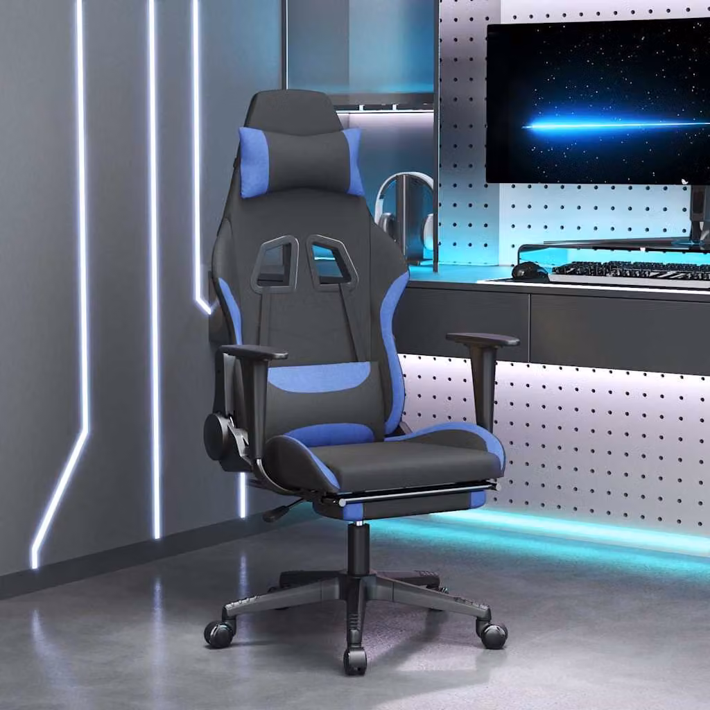 Sedia da Gaming vidaXL con Poggiapiedi, Tessuto, Nero e Blu, Ruote e Braccioli, Reclinabile e Girevole 360°