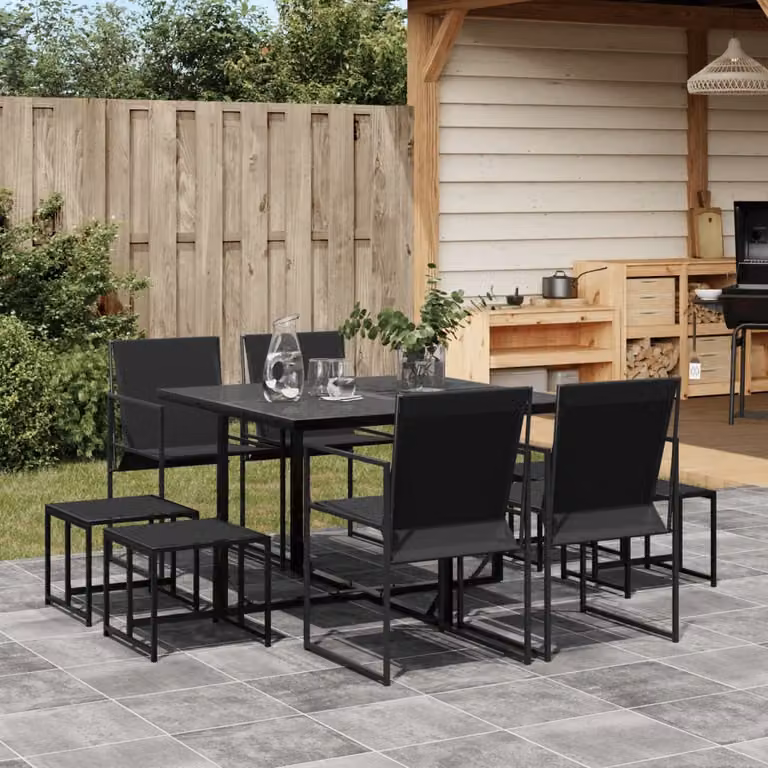 Set da pranzo da giardino vidaXL in metallo e vetro nero con 9 pezzi
