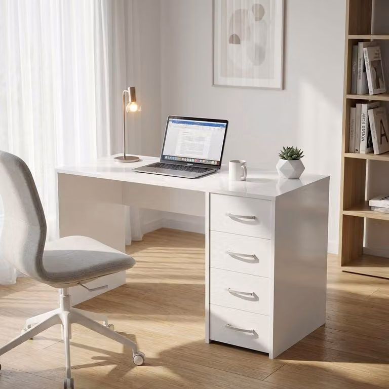 Milani Home - scrivania moderna 120 x 50 x 70 cm con 4 cassetti, bianco, per studio e ufficio