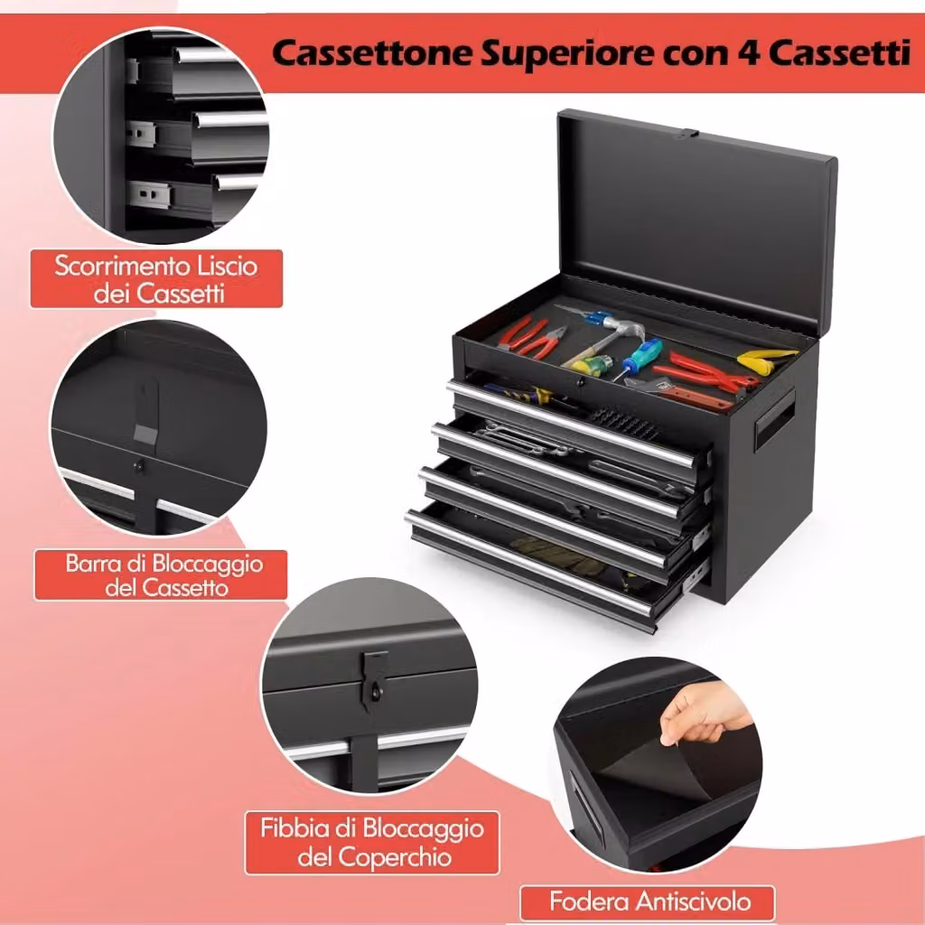 Costway Cassettiera Portautensili a 4 Cassetti in Metallo con Ruote Bloccabili e Ripiano Regolabile, L: 59 cm, P: 28 cm, H: 102 cm, Nero – 2