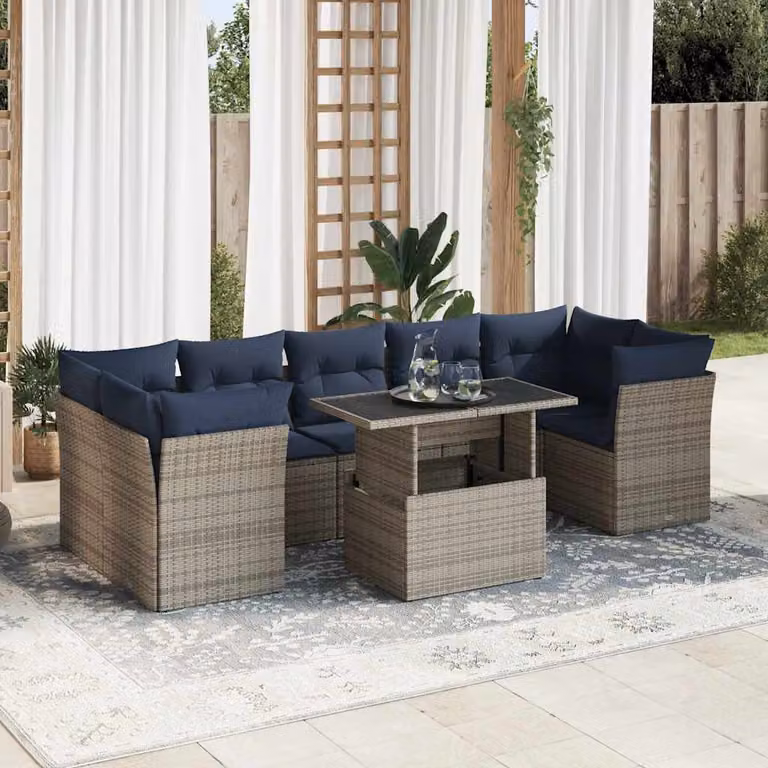 Set Divano da Giardino vidaXL 8 Pezzi a Forma di L con Cuscini e Tavolino, Polyrattan Grigio e Blu