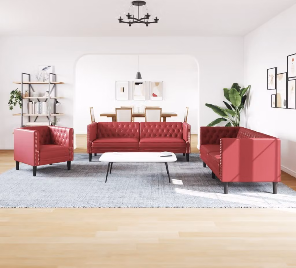 SYFAX™ Sei Divani Chesterfield 3 pz Rosso Vino in Pelle finta