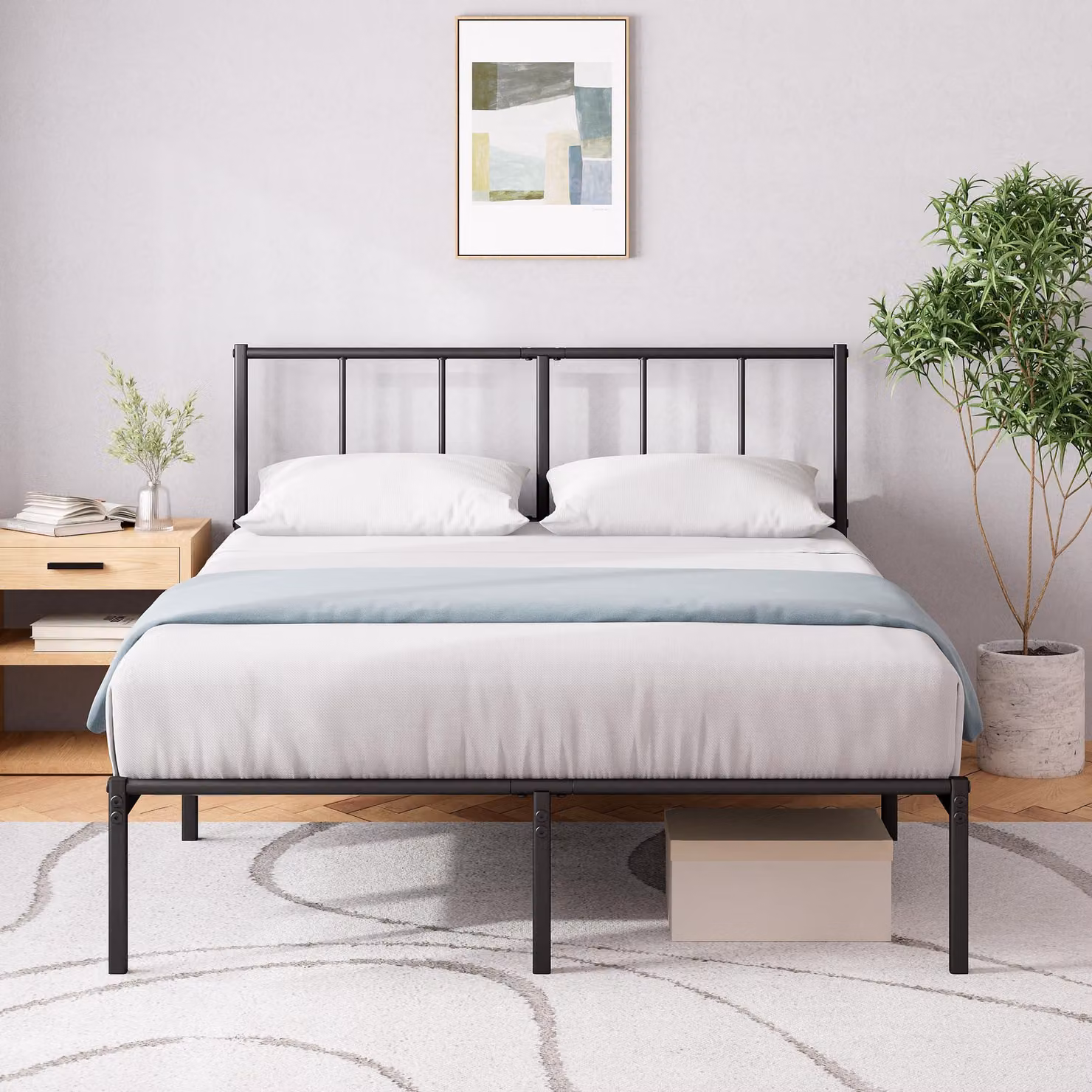 Struttura letto 135x190 cm, telaio in metallo con testiera, colore nero, altezza 30 cm