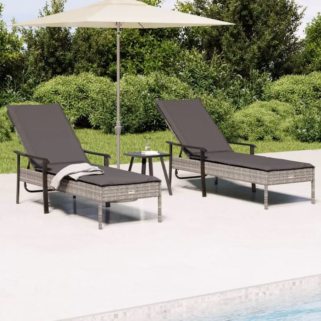 Set di 2 lettini prendisole vidaXL con tavolino e cuscini in polyrattan grigio antracite