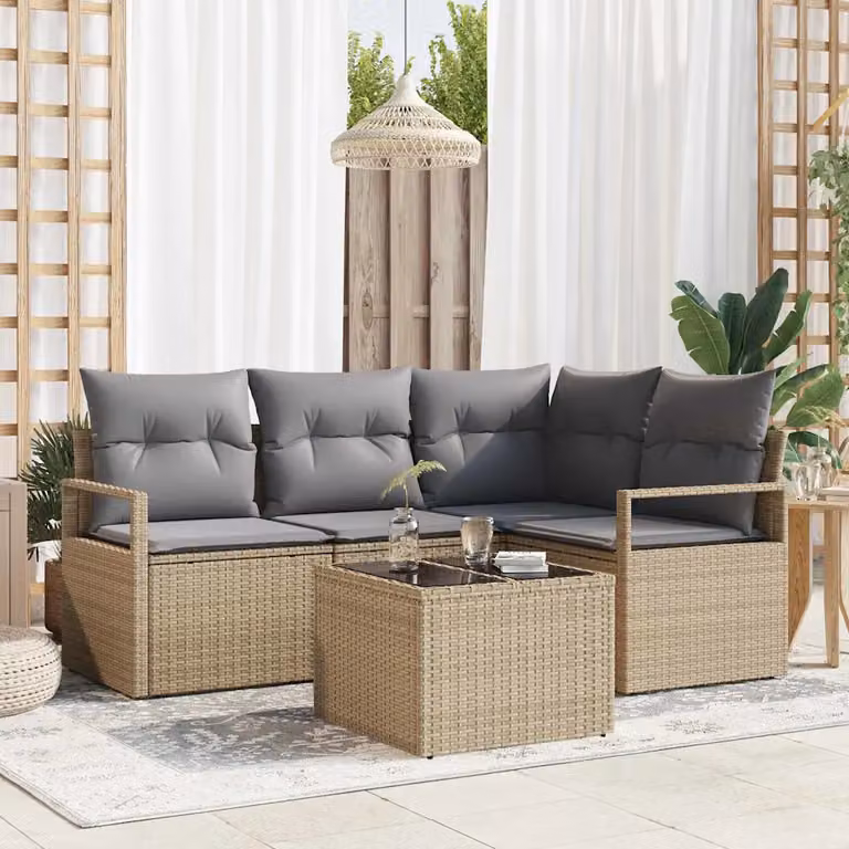 Set di divani da giardino vidaXL a forma di L in polyrattan beige con cuscini e tavolino da caffè
