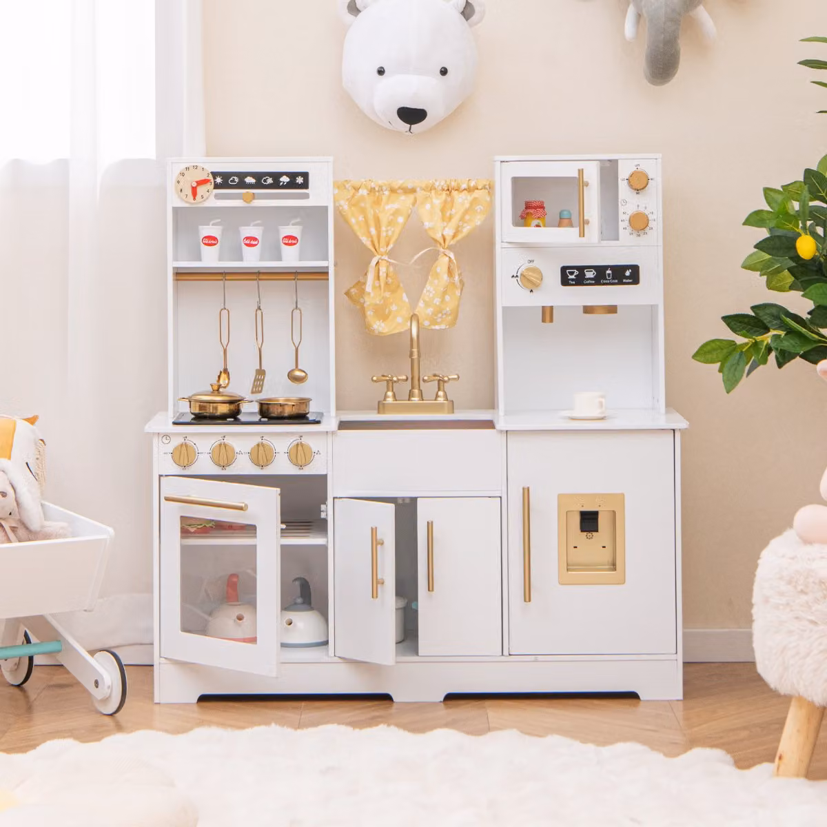 Cucina da gioco in legno Costway per bambini dai 3 anni con accessori, macchina da caffè, lavello e fornelli, Bianco, L 90 cm x P 30 cm x H 90 cm