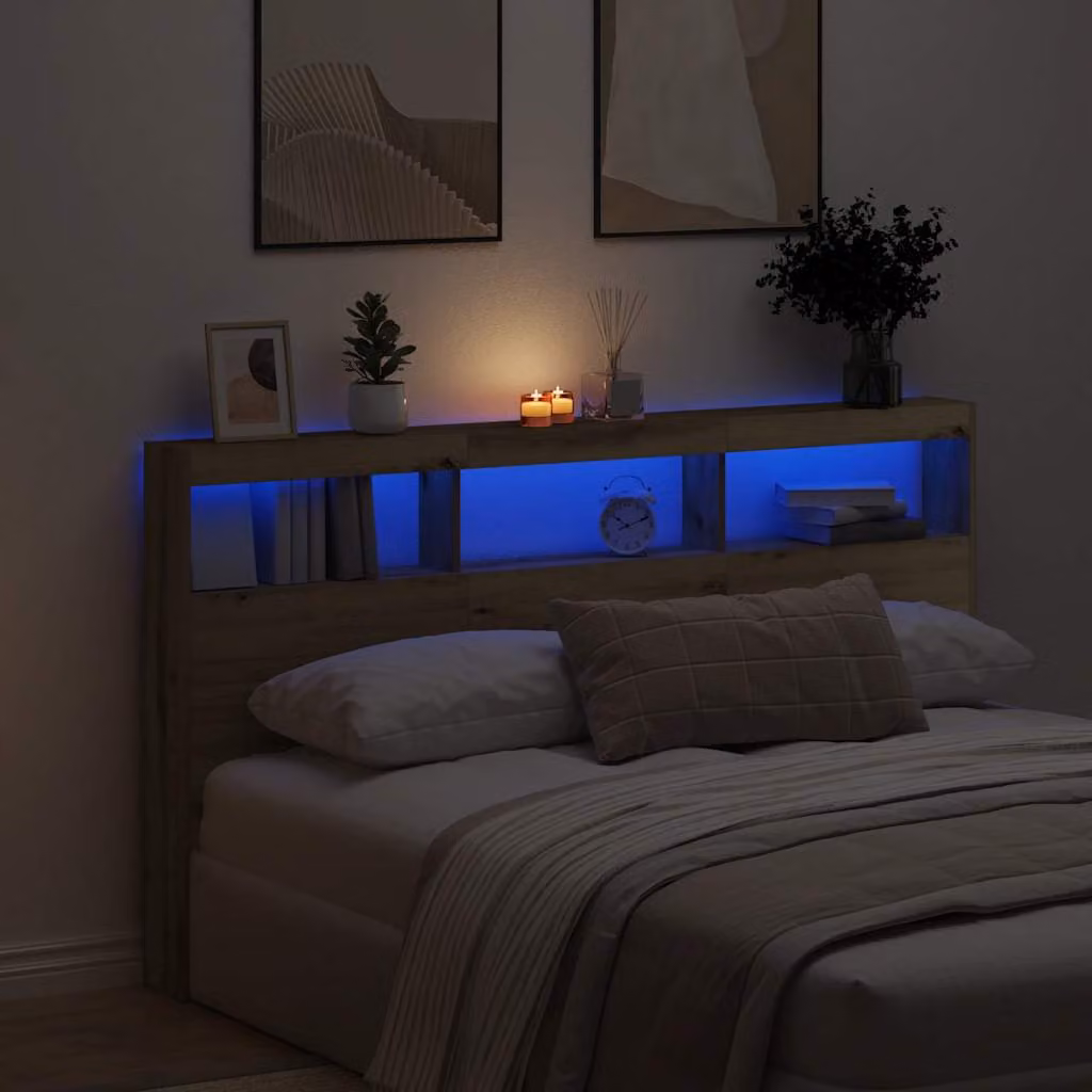 Testiera con Contenitore vidaXL in Rovere Artigianale con Illuminazione LED e Porte USB, L/P/H: 180 x 17 x 102 cm