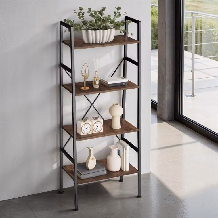 Scaffale a scala Newcastle Tectake in stile industriale con legno e metallo, marrone e nero, H: 139,0 cm, L: 57,5 cm, P: 35,5 cm