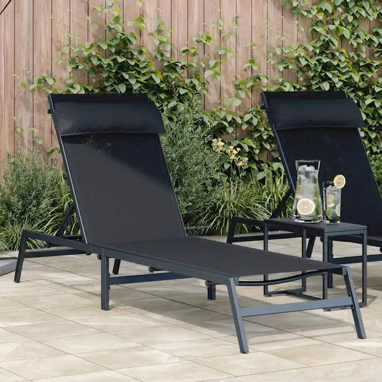 vidaXL Lettino da giardino in acciaio verniciato nero e antracite con tessuto textilene e poggiatesta regolabile