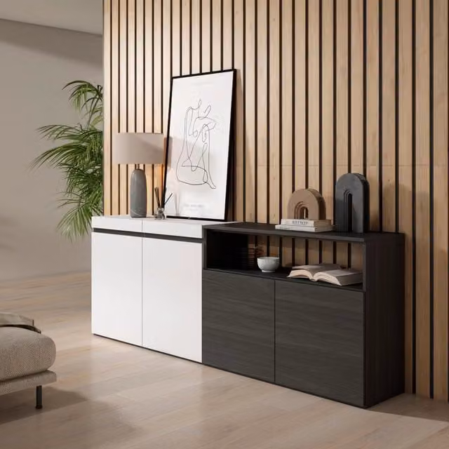 Credenza, Mobile, 200x35x75cm, 4 Porte, grande stoccaggio, Bianco e nero RF2395
