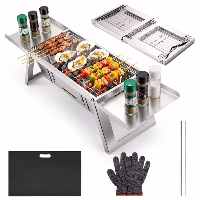 Barbecue a carbonella pieghevole - Ultra compatta - 71,2 x 16,3 x 20,5 cm - 4 livelli di calore - Nero - Per campeggio e picnic