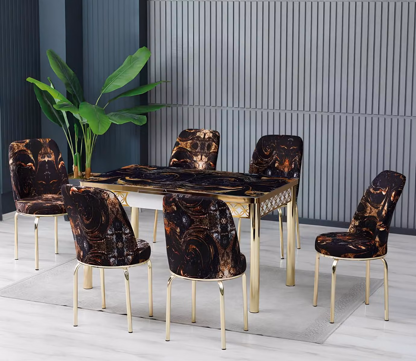 Tavoli da pranzo, set da pranzo, sedie, multicolore, oro, moderno, rettangolare