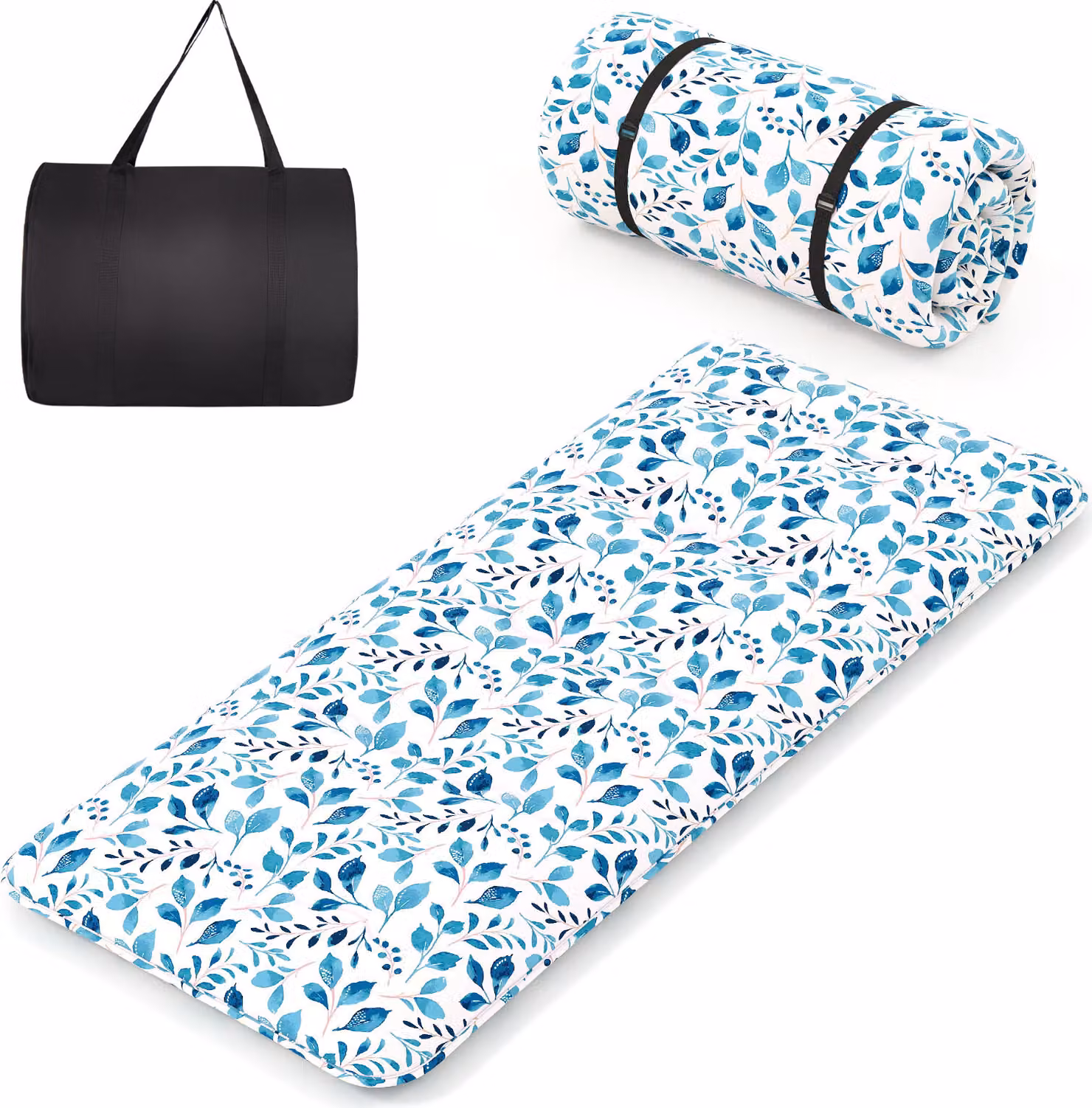 COSTWAY Materasso futon giapponese, stuoia tatami, materasso da pavimento, materasso pieghevole con rivestimento lavabile e borsa per il trasporto, materassino da letto 90 x 200 cm foglia blu