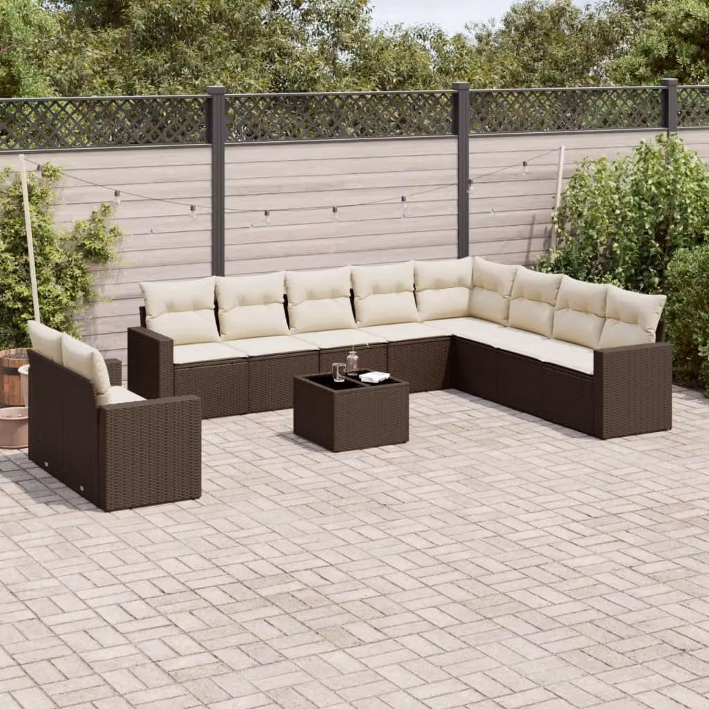 vidaXL Set Divani da Giardino 11 pz a Forma a L con Cuscini in Polyrattan Marrone e Bianco – 1