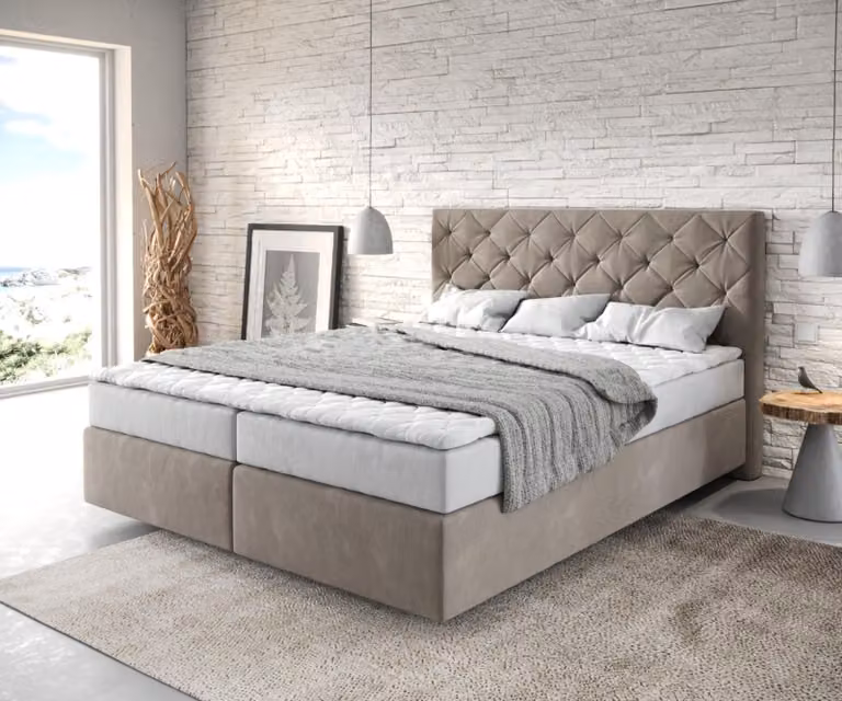 Letto boxspring DELIFE Dream-Great 160x200 cm in microfibra beige con materasso e topper