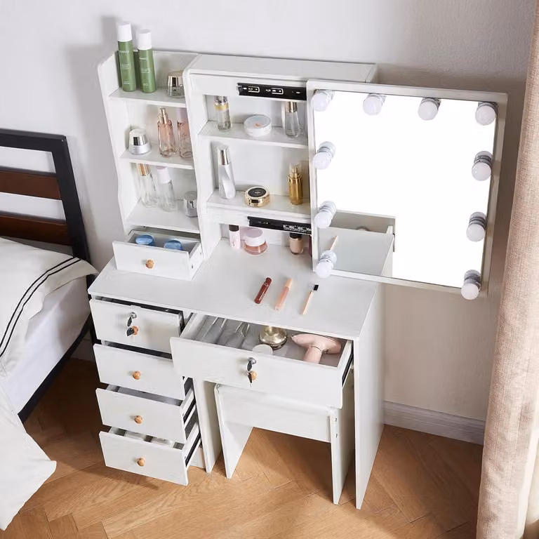 Tavolo da toilette con specchio e illuminazione, tavolo da toilette bianco 36x80x131cm