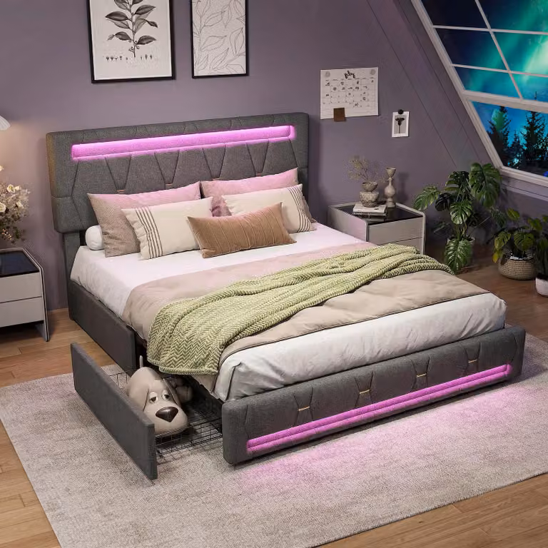 Letto imbottito ProximaX 160x200 cm grigio con LED RGB – Letto matrimoniale con 4 cassetti, testiera regolabile in altezza, letto con contenitore