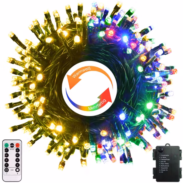 Catena luminosa a LED, 10 metri, 100 luci, cambio colore, bianco caldo/multicolore, con telecomando