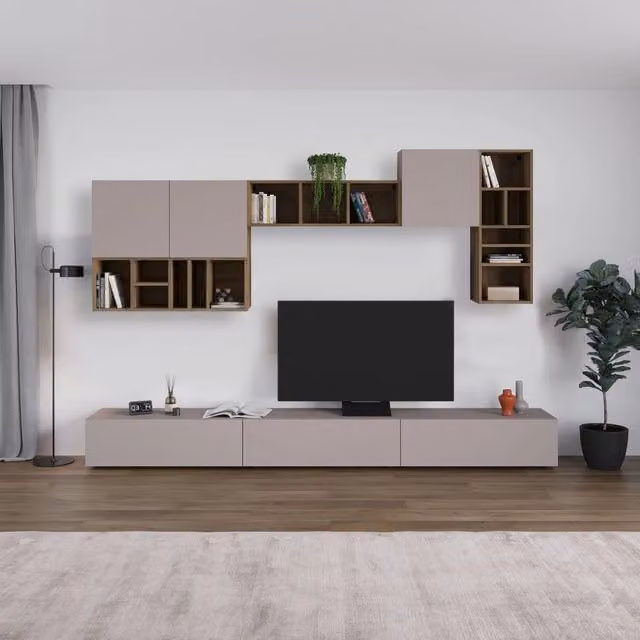 Parete attrezzata Big colore tortora e hitit noce H 192x32.50x300 cm